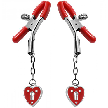 XR Brands Master Series Captive Heart Padlock Nipple Clamps, красные, Зажимы на соски с подвесками