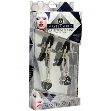 XR Brands Master Series Charmed Heart Padlock Nipple Clamps, серебристые - Зажимы на соски с подвесками - купить в секс шопе