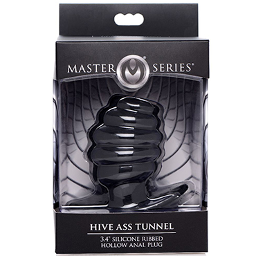 XR Brands Master Series Hive Ass Tunnel Silicone Ribbed Hollow Anal Plug Medium, черная, Ребристая анальная пробка с отверстием, средняя