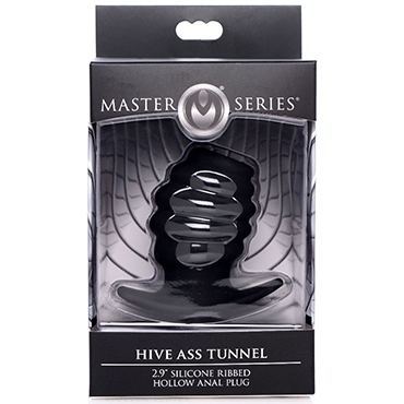 XR Brands Master Series Hive Ass Tunnel Silicone Ribbed Hollow Anal Plug Small, черная, Ребристая анальная пробка с отверстием, малая