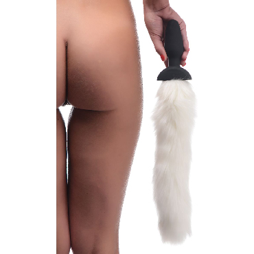 XR Brands Tailz White Fox Tail Vibrating Anal Plug, белый - Длинный лисий анальный виброхвост с пультом ДУ - купить в секс шопе
