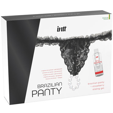 Intt Brazilian Panty + Strawberry Sliding Gel, черный, Набор из трусиков и клубничного геля