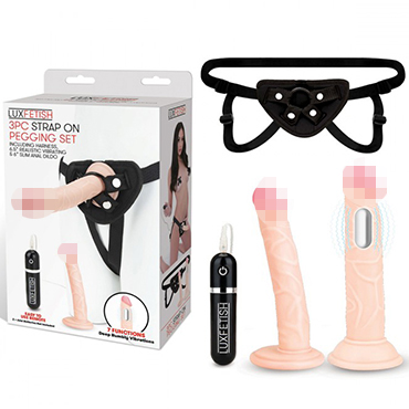 Lux Fetish 3 PC Strap-On Pegging Set, телесный
