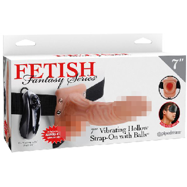 Pipedream Fetish Fantasy Series Vibrating Hollow Strap-On with Balls 18 см, телесный, Вибрострапон полый с мошонкой на дистанционном управлении