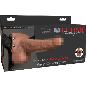 Pipedream Fetish Fantasy Hollow Rechargeable Strap-On 15 см, загорелый, Перезаряжаемый вибрострапон с пультом ДУ