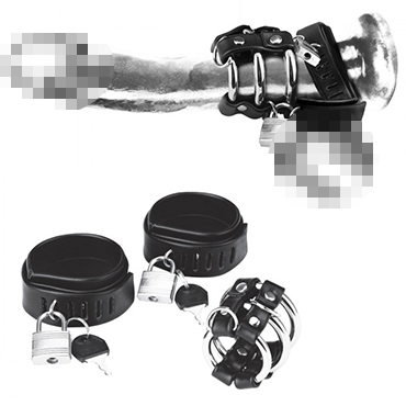 BlueLine C&B Gear Locking Ball Stretcher Cock Ring and Three-Ring Cock Cage, черный