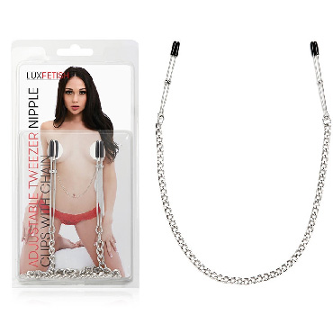 Lux Fetish Adjustable Tweezer Nipple Clips With Chain, серебристые