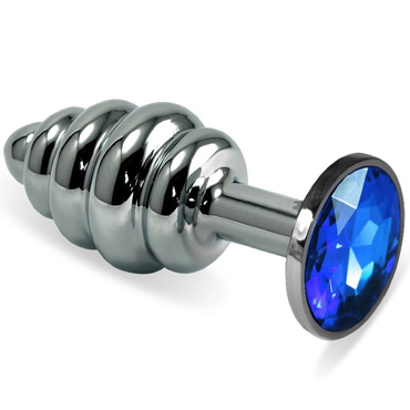 Funny Steel Anal Plug Al Medium, серебристый/синий, Анальная пробка с кристаллом и ребристой поверхностью
