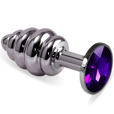 Funny Steel Anal Plug Al Medium, серебристый/фиолетовый, Анальная пробка с кристаллом и ребристой поверхностью
