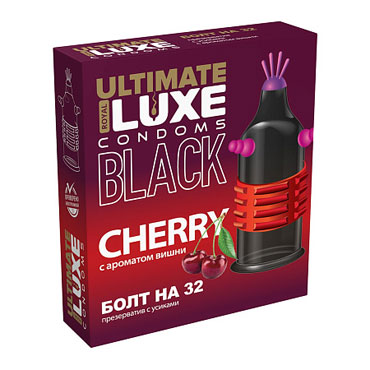 Презервативы Luxe BLACK ULTIMATE Болт на 32 (Вишня), Стимулирующий презерватив из черного латекса с усиками и ароматом вишни