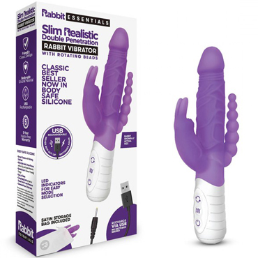 Rabbit Essentials Slim Realistic Double Penetration Rabbit Vibrator, фиолетовый
