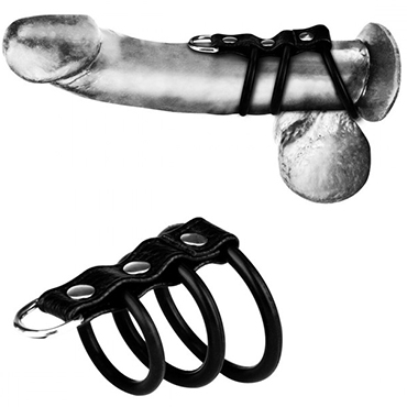 BlueLine C&B Gear 3-ring Silicone Gates Of Hell Cock Ring With Leash Lead, черные, Три силиконовых кольца с ремешком и креплением