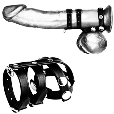 BlueLine C&B Gear Double Cock And Ball Strap With Leash Lead, черное, Комбинированное двойное кольцо с разделителем для мошонки