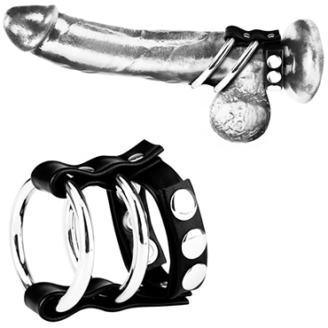BlueLine C&B Gear Double Metall Cock Ring With Adjustable Snap Ball Strap, черное, Двойное металлическое кольцо на член с регулируемым ремешком