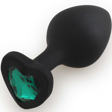 Play Secrets Silicone Butt Plug Heart Shape Medium, черный/темно-зеленый, Средняя анальная пробка с кристаллом в форме сердца