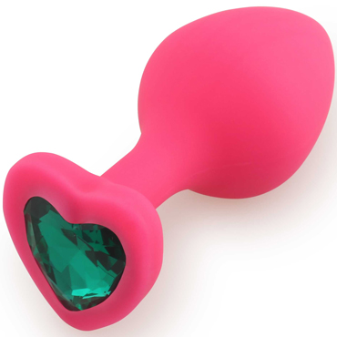 Play Secrets Silicone Butt Plug Heart Shape Medium, розовый/темно-зеленый, Средняя анальная пробка с кристаллом в форме сердца