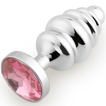 Play Secrets Thread Butt Plug Small, серебристый/розовый, Малая анальная пробка с ребристым рельефом и кристаллом