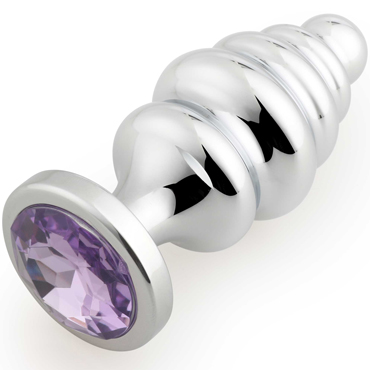 Play Secrets Thread Butt Plug Medium, серебристый/светло-фиолетовый, Средняя анальная пробка с ребристым рельефом и кристаллом