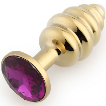 Play Secrets Thread Butt Plug Small, золотой/фиолетовый, Малая анальная пробка с ребристым рельефом и кристаллом