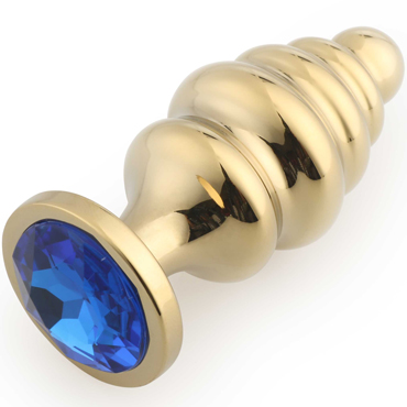 Play Secrets Screw Butt Plug Medium, золотой/синий, Средняя анальная пробка с ребристым рельефом и кристаллом