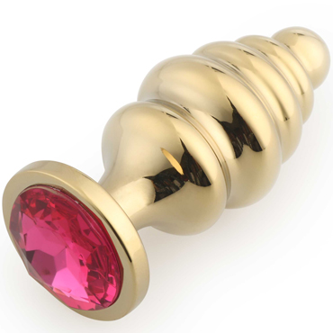 Play Secrets Screw Butt Plug Medium, золотой/ярко-розовый, Средняя анальная пробка с ребристым рельефом и кристаллом