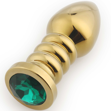 Play Secrets Thread Butt Plug, золотой/темно-зеленый, Анальная пробка с ребрами и кристаллом
