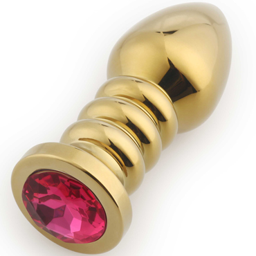 Play Secrets Thread Butt Plug, золотой/ярко-розовый, Анальная пробка с ребрами и кристаллом