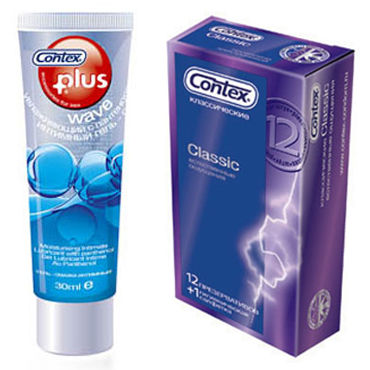 Contex Classic + Wave, 12 шт + 30 мл, 12 классических презервативов и увлажняющий лубрикант, 30 мл