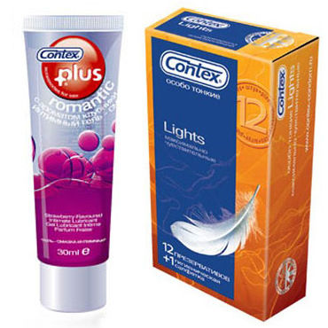 Contex Lights + Romantic, 12 шт + 30 мл, 12 ультратонких презервативов и лубрикант с ароматом клубники, 30 мл