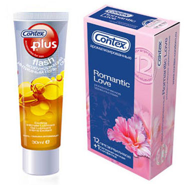 Contex Romantic Love + Flash, 12 шт + 30 мл, 12 ароматизированных презервативов и лубрикант с согревающим эффектом, 30 мл