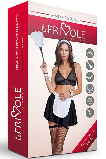 Le Frivole Premium Костюм французской горничной, черно-белый, В комплекте: головной убор, бюстье, манжеты, юбка с фартуком, щеточка для пыли, чулки и другие товары Le Frivole с фото