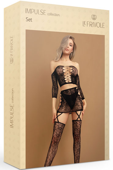 Le Frivole Impulse Боди-комбинезон комбинация топ + юбка с чулками, черный - Из эластичной сетки с узором - купить в секс шопе