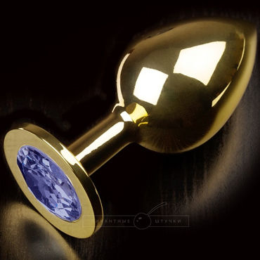 Пикантные штучки Большая анальная пробка, золотистая, С синим кристаллом
