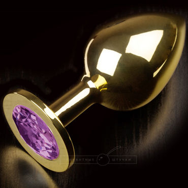 Пикантные штучки Большая анальная пробка, золотистая, С фиолетовым кристаллом