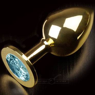 Пикантные штучки Большая анальная пробка, золотая, С голубым кристаллом