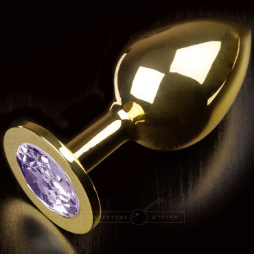 Пикантные штучки Большая анальная пробка, золотая, С сиреневым кристаллом