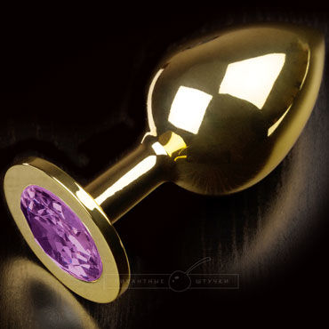 Пикантные штучки Большая анальная пробка, золотая, С фиолетовым кристаллом