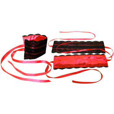 Sportsheets Satin And Lace Lovers Kit, красно-черные, Сатиновые наручники и маска