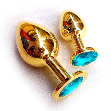 Butt Plug Gold Large, голубой, Большая анальная пробка, украшена кристаллом
