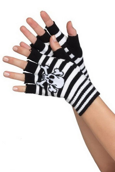 Leg Avenue перчатки, черно-белые, С черепом и открытыми пальчиками