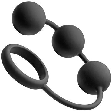 Tom of Finland Silicone Cock Ring with 3 Weighted Balls, черные, Анальные шарики с эрекционным кольцом