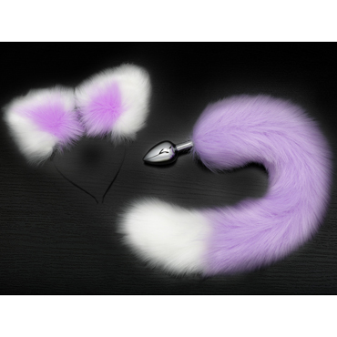 Анальная пробка с хвостом и ушками, серебристый/фиолетово-белый, Комплект для увлекательной игры