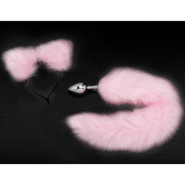 Анальная пробка с хвостом и ушками, серебристый/розовый, Комплект для увлекательной игры