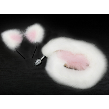 Анальная пробка с хвостом и ушками, серебристый/бело-розовый, Комплект для увлекательной игры