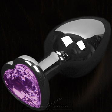 Большая анальная пробка с кристаллом - сердце, серебристый/фиолетовый, Классической формы