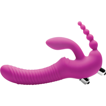 XR Brands Strap U Regal Rider, розовый - Женский безремневый страпон с анальным отростком - купить в секс шопе
