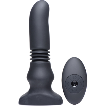 XR Brands Silicone Vibrating & Thrusting Plug with Remote Control, черный, Вибромассажер с фрикциями на пульте ДУ