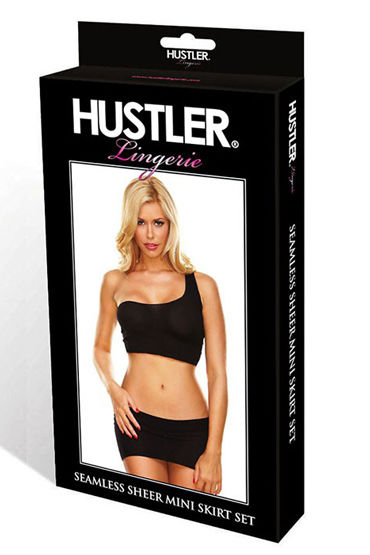 Hustler Черный комплект - Мини-юбка и кроп-топ на одно плечо - купить в секс шопе