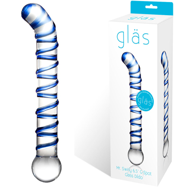 Glas Mr. Swirly 6.5" G-Spot Glass Dildo, прозрачно-синий, Изогнутый фаллос из стекла для стимуляции точки G