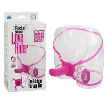 California Exotic Love Rider Dual Action Strap-On, розовый, Женский страпон из силикона с вибрацией и стимуляцией клитора